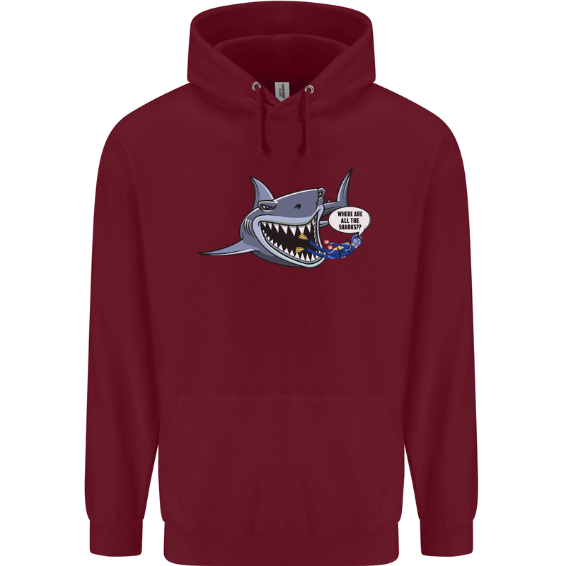 Where Are the Sharks? Scuba Diving Diver Childrens Kids Hoodie Maroon