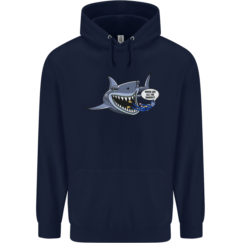Where Are the Sharks? Scuba Diving Diver Childrens Kids Hoodie Navy Blue