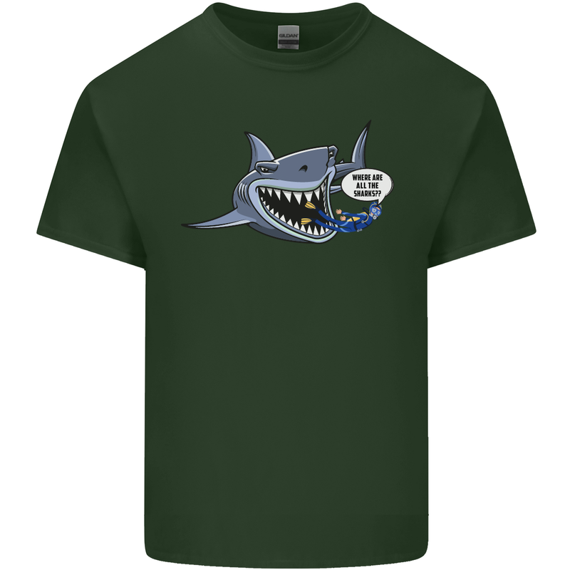 Where Are the Sharks? Scuba Diving Diver Mens Cotton T-Shirt Tee Top Forest Green