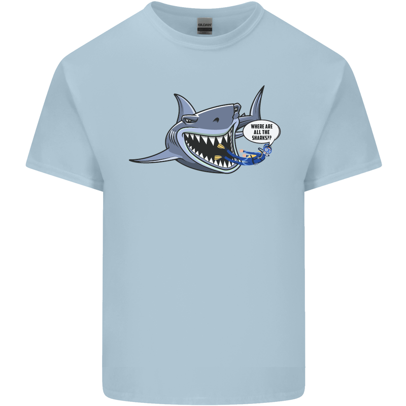 Where Are the Sharks? Scuba Diving Diver Mens Cotton T-Shirt Tee Top Light Blue