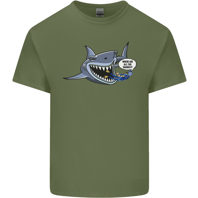Where Are the Sharks? Scuba Diving Diver Mens Cotton T-Shirt Tee Top Military Green