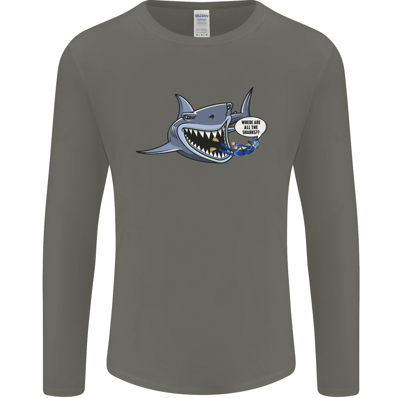 Where Are the Sharks? Scuba Diving Diver Mens Long Sleeve T-Shirt Charcoal