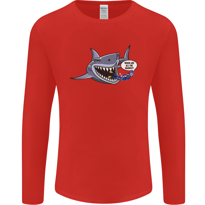Where Are the Sharks? Scuba Diving Diver Mens Long Sleeve T-Shirt Red