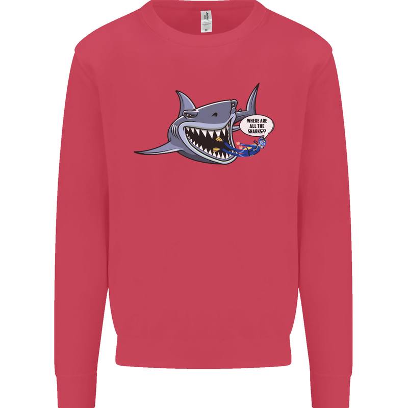 Where Are the Sharks? Scuba Diving Diver Mens Sweatshirt Jumper Heliconia