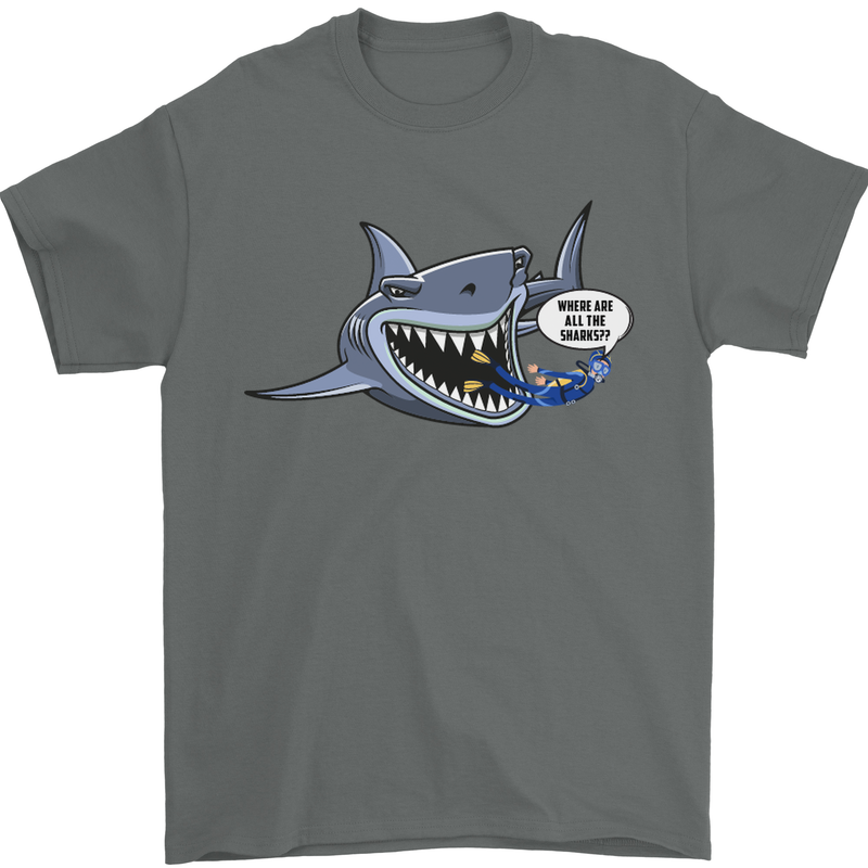 Where Are the Sharks? Scuba Diving Diver Mens T-Shirt Cotton Gildan Charcoal