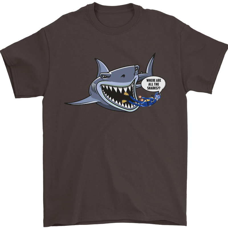 Where Are the Sharks? Scuba Diving Diver Mens T-Shirt Cotton Gildan Dark Chocolate