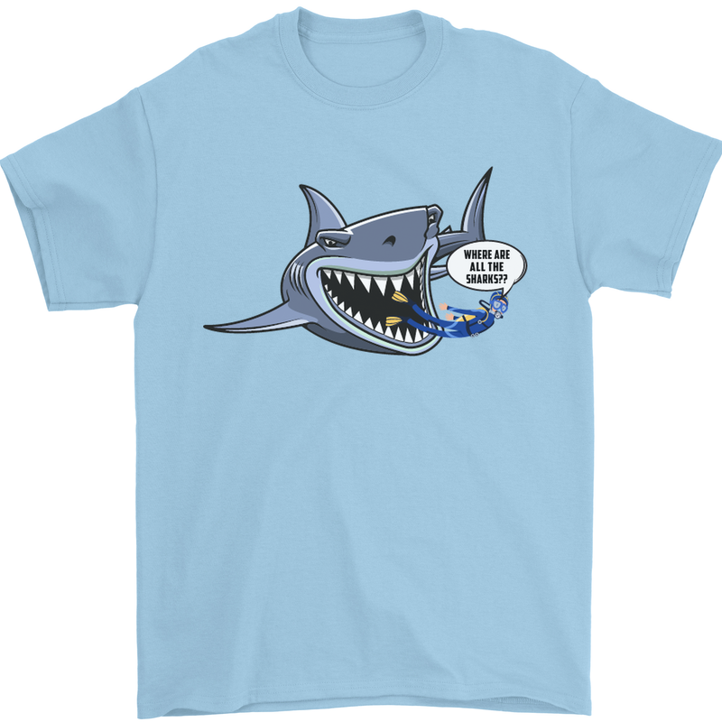 Where Are the Sharks? Scuba Diving Diver Mens T-Shirt Cotton Gildan Light Blue