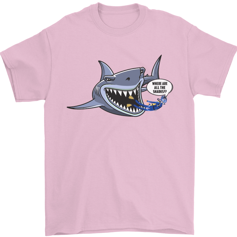 Where Are the Sharks? Scuba Diving Diver Mens T-Shirt Cotton Gildan Light Pink