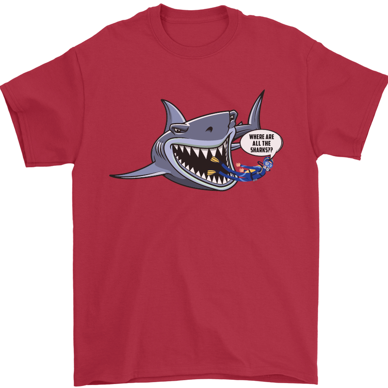 Where Are the Sharks? Scuba Diving Diver Mens T-Shirt Cotton Gildan Red