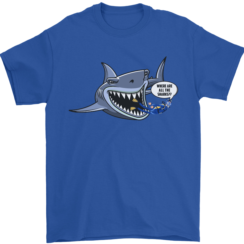 Where Are the Sharks? Scuba Diving Diver Mens T-Shirt Cotton Gildan Royal Blue