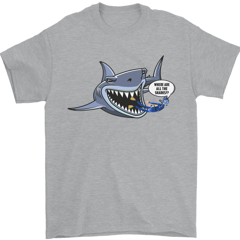 Where Are the Sharks? Scuba Diving Diver Mens T-Shirt Cotton Gildan Sports Grey
