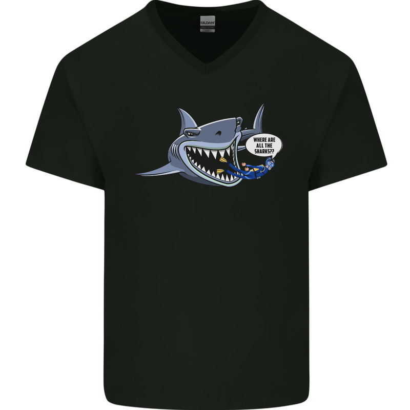 Where Are the Sharks? Scuba Diving Diver Mens V-Neck Cotton T-Shirt Black