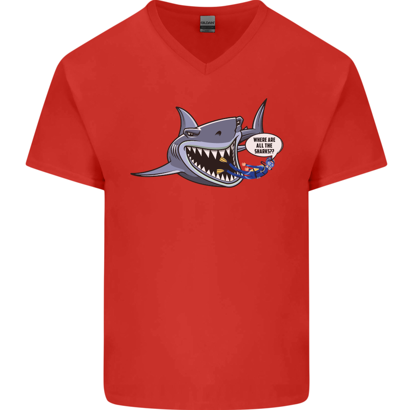 Where Are the Sharks? Scuba Diving Diver Mens V-Neck Cotton T-Shirt Red
