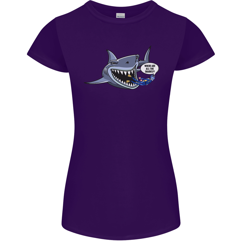 Where Are the Sharks? Scuba Diving Diver Womens Petite Cut T-Shirt Purple