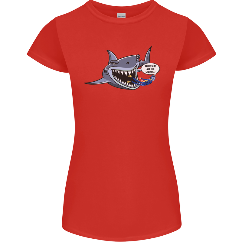 Where Are the Sharks? Scuba Diving Diver Womens Petite Cut T-Shirt Red