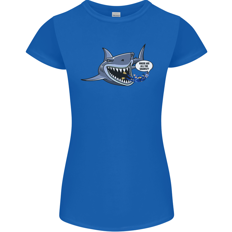 Where Are the Sharks? Scuba Diving Diver Womens Petite Cut T-Shirt Royal Blue