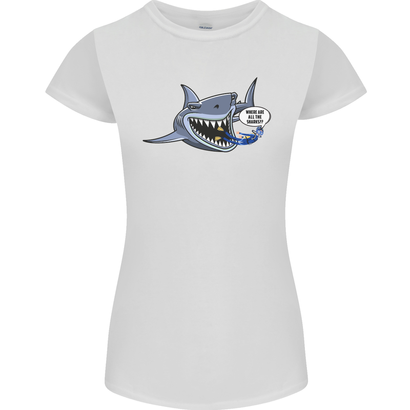 Where Are the Sharks? Scuba Diving Diver Womens Petite Cut T-Shirt White