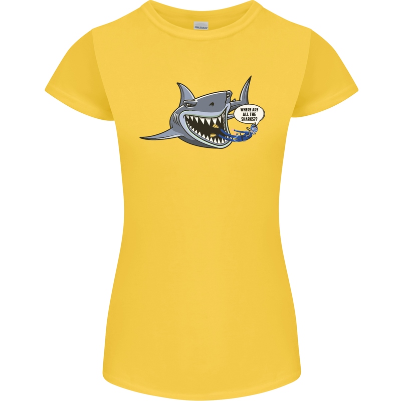Where Are the Sharks? Scuba Diving Diver Womens Petite Cut T-Shirt Yellow