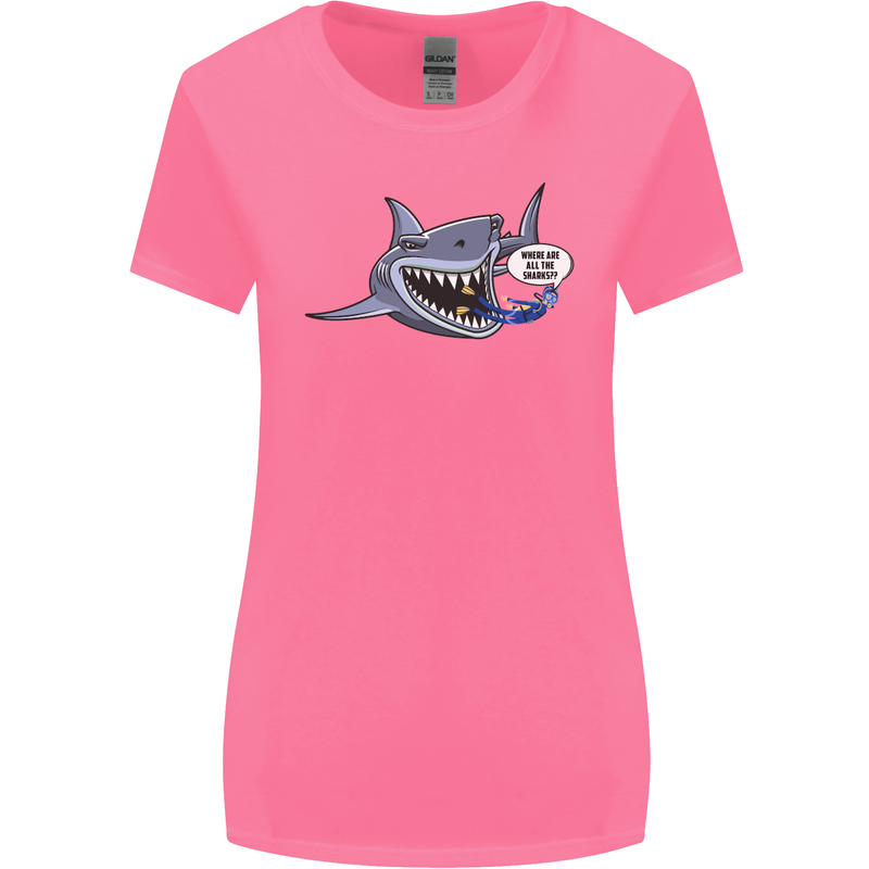 Where Are the Sharks? Scuba Diving Diver Womens Wider Cut T-Shirt Azalea