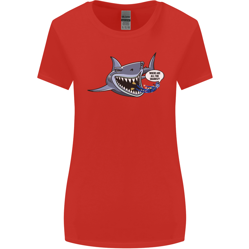 Where Are the Sharks? Scuba Diving Diver Womens Wider Cut T-Shirt Red