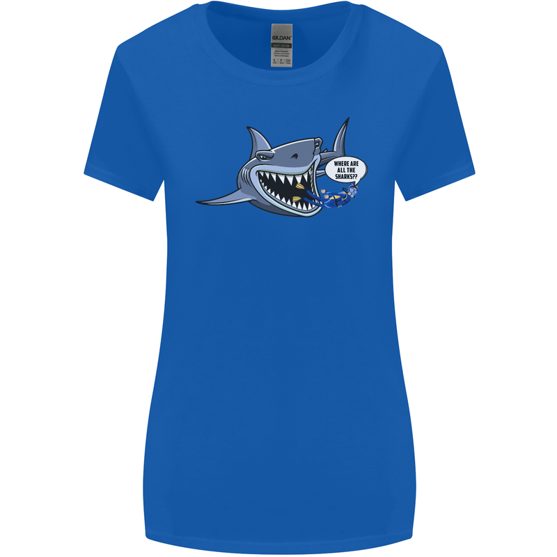 Where Are the Sharks? Scuba Diving Diver Womens Wider Cut T-Shirt Royal Blue