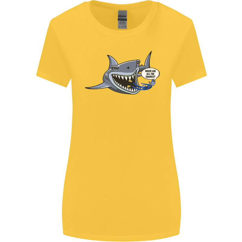 Where Are the Sharks? Scuba Diving Diver Womens Wider Cut T-Shirt Yellow