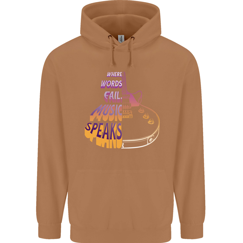 Where Words Fail Music Speaks Guitar Rock Mens 80% Cotton Hoodie Caramel Latte