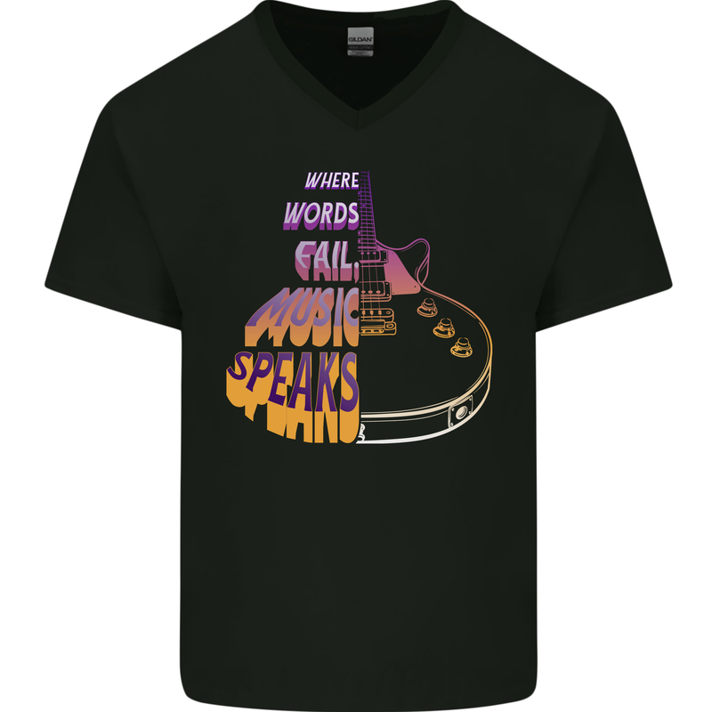 Where Words Fail Music Speaks Guitar Rock Mens V-Neck Cotton T-Shirt Black