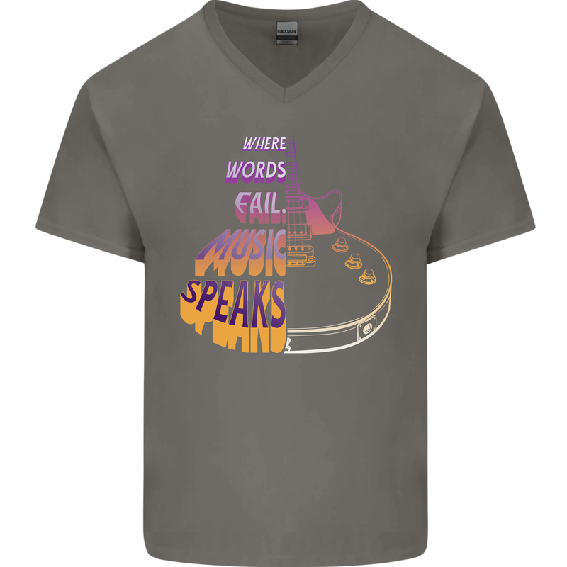 Where Words Fail Music Speaks Guitar Rock Mens V-Neck Cotton T-Shirt Charcoal