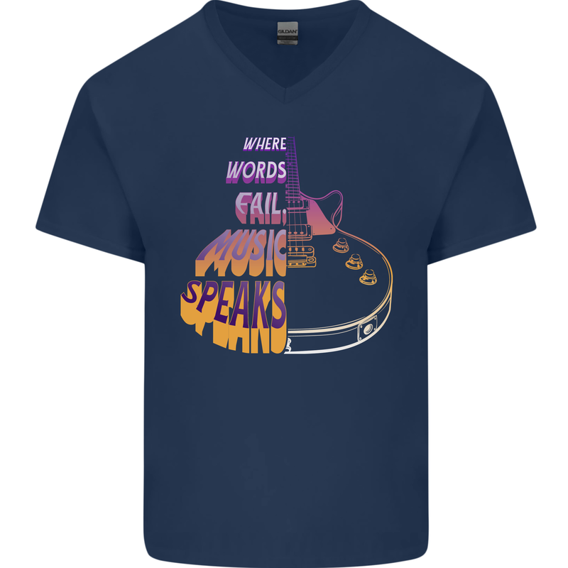 Where Words Fail Music Speaks Guitar Rock Mens V-Neck Cotton T-Shirt Navy Blue