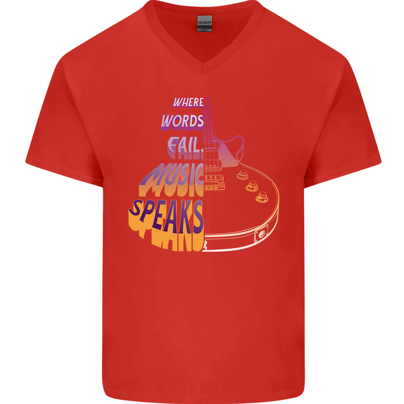 Where Words Fail Music Speaks Guitar Rock Mens V-Neck Cotton T-Shirt Red