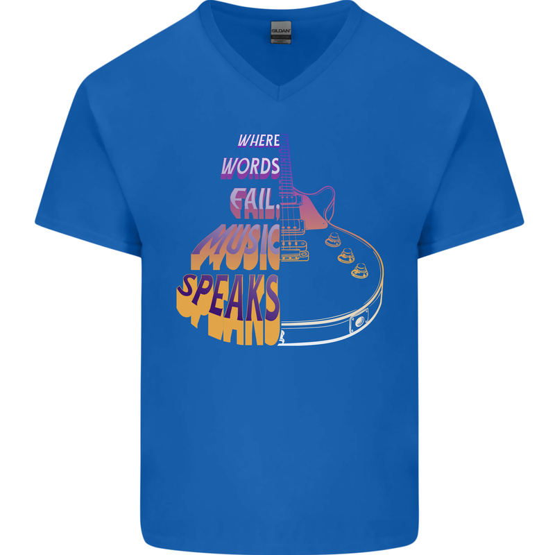 Where Words Fail Music Speaks Guitar Rock Mens V-Neck Cotton T-Shirt Royal Blue
