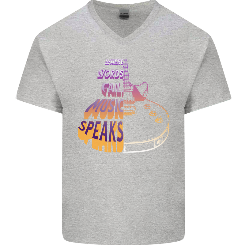 Where Words Fail Music Speaks Guitar Rock Mens V-Neck Cotton T-Shirt Sports Grey