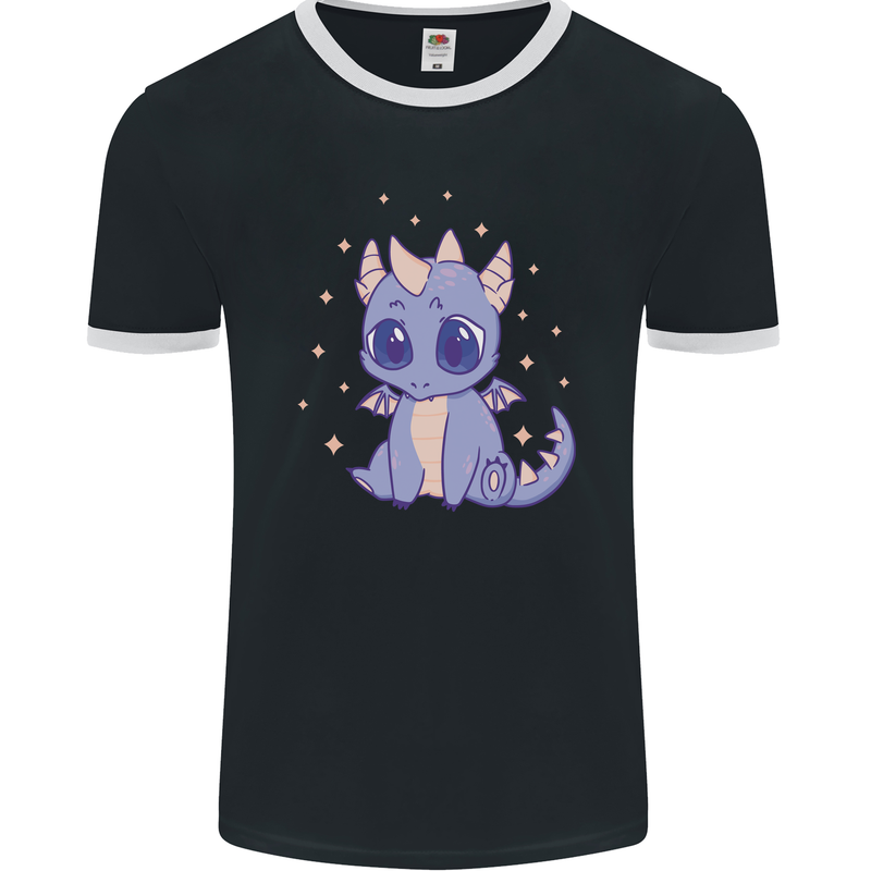 Cute Kawaii Baby Dragon Mens Ringer T-Shirt FotL Black/White