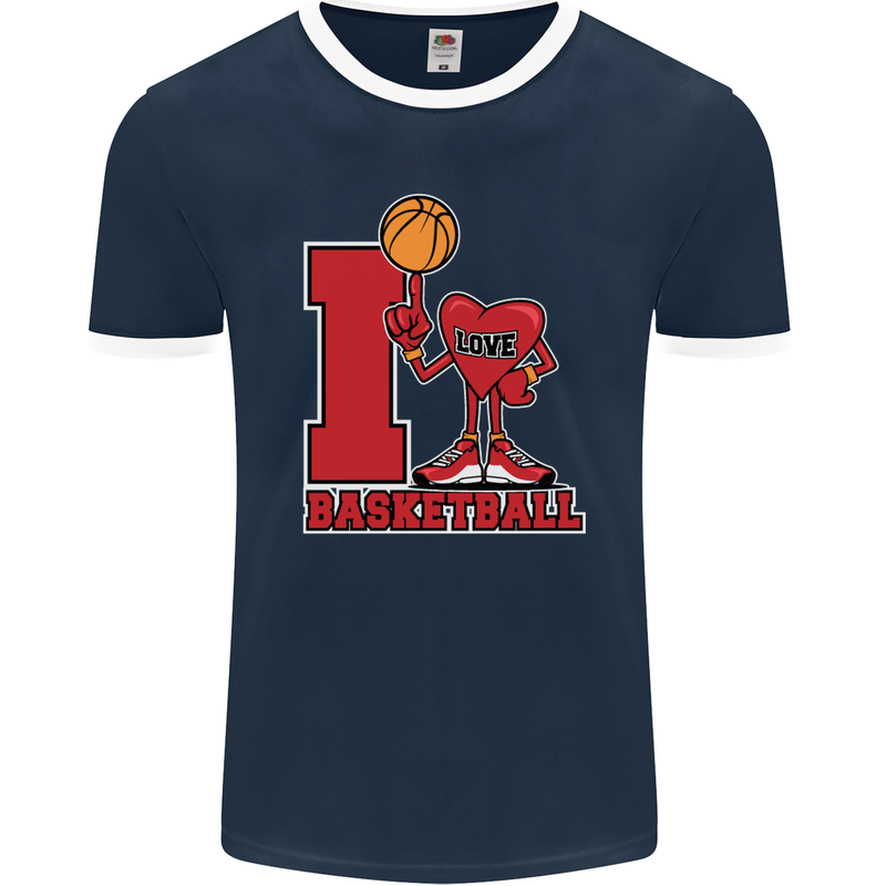 I Love Basketball Mens Ringer T-Shirt FotL Navy Blue/White