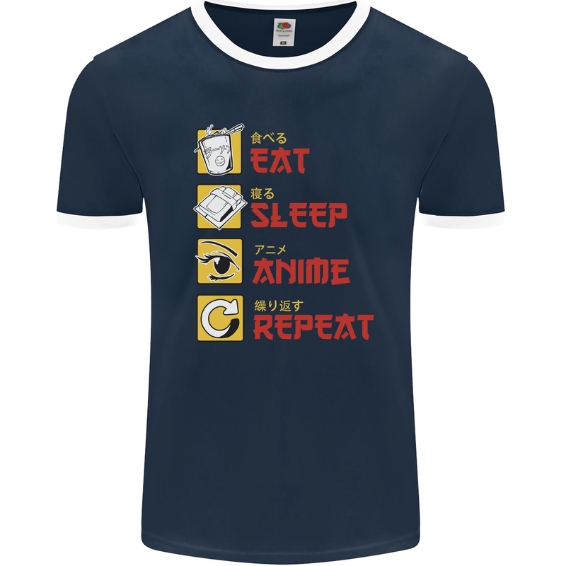 Eat Sleep Anime Repeat Mens Ringer T-Shirt FotL Navy Blue/White