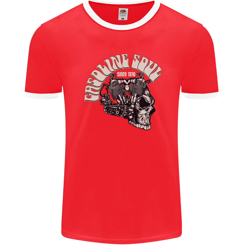 Gasoline Soul Biker Skull Motorbike Chopper Mens Ringer T-Shirt FotL Red/White