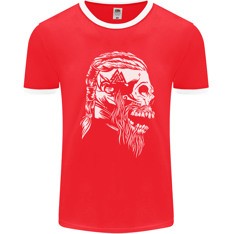 Tribal Viking Skull Mens Ringer T-Shirt FotL Red/White