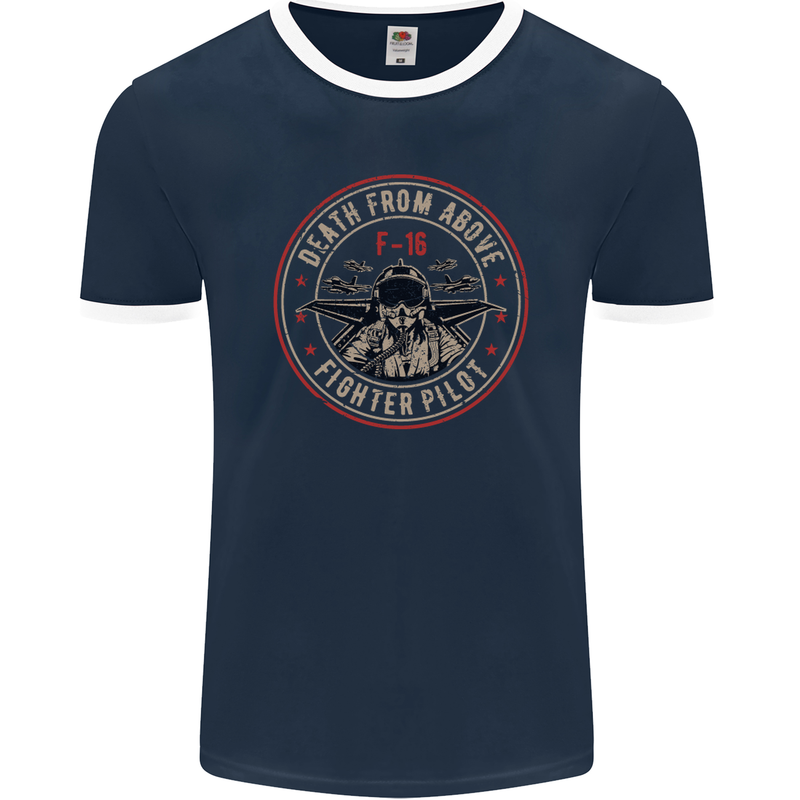 Death From Above F-16 Fighter Pilot RAF Mens Ringer T-Shirt FotL Navy Blue/White