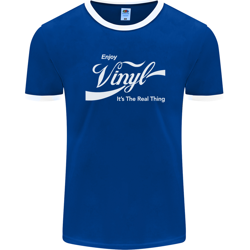 Enjoy Vinyl DJ DJing Decks Turntable Funny Mens Ringer T-Shirt FotL Royal Blue/White