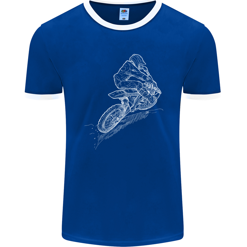 Motocross Rider Drawing Dirt Bike MotoX Mens Ringer T-Shirt FotL Royal Blue/White