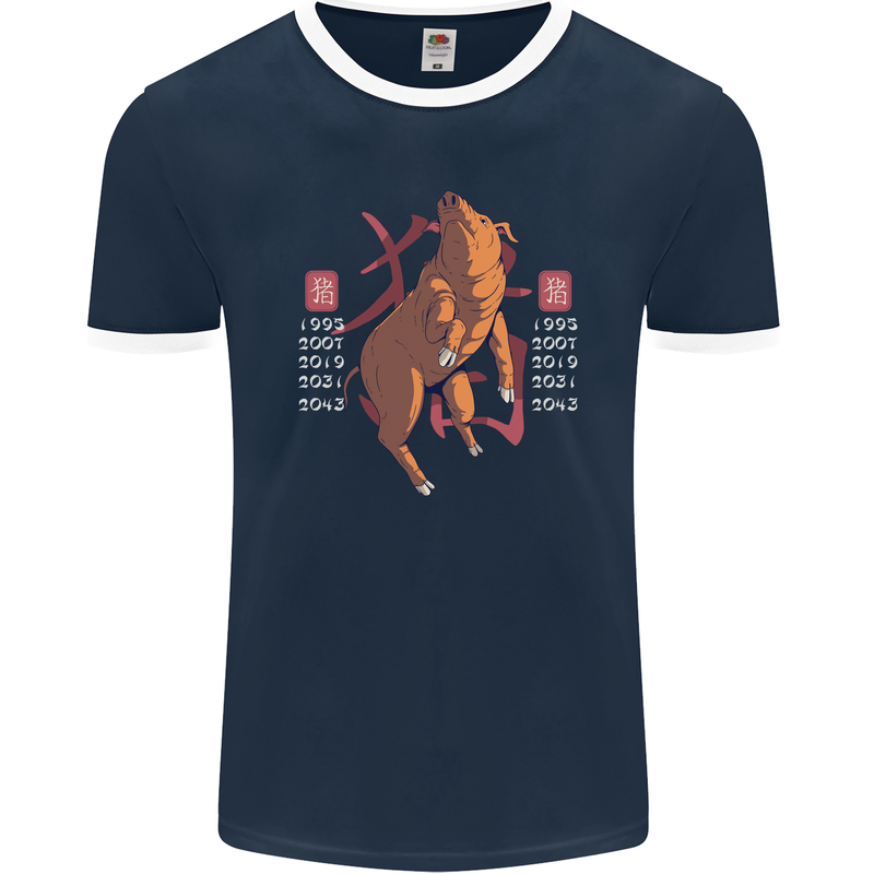 Chinese Zodiac Shengxiao Year of the Pig Mens Ringer T-Shirt FotL Navy Blue/White