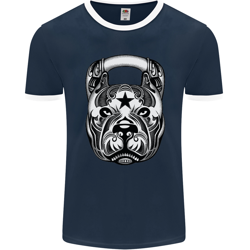 Pitbull Kettlebell Gym Training Top Workout Mens Ringer T-Shirt FotL Navy Blue/White