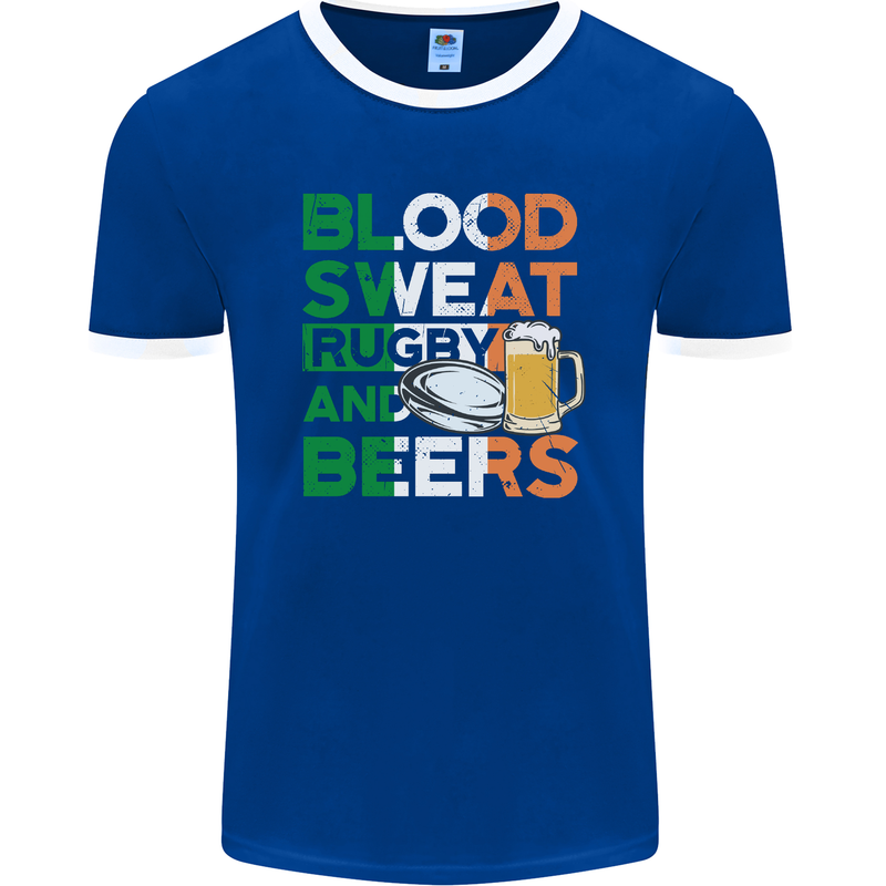 Blood Sweat Rugby and Beers Ireland Funny Mens Ringer T-Shirt FotL Royal Blue/White