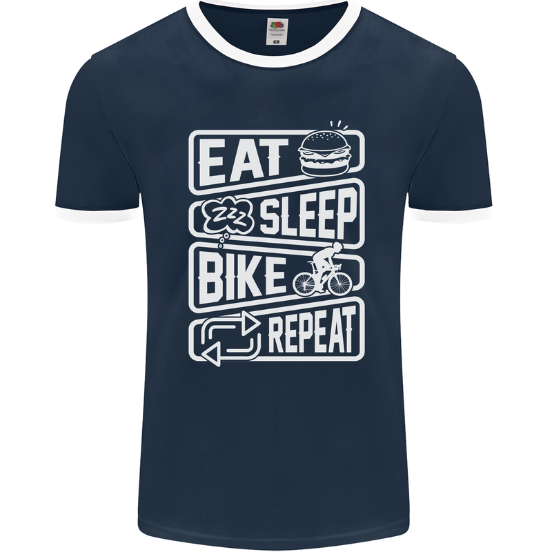 Cycling Eat Sleep Bike Repeat Funny Bicycle Mens Ringer T-Shirt FotL Navy Blue/White