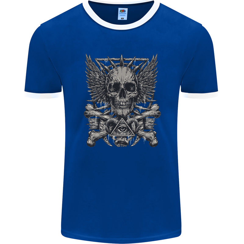 Heavy Metal Skull Rock Music Guitar Biker Mens Ringer T-Shirt FotL Royal Blue/White