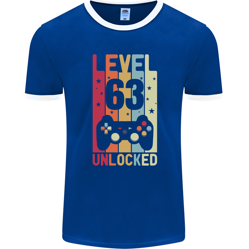 63rd Birthday 63 Year Old Level Up Gamming Mens Ringer T-Shirt FotL Royal Blue/White