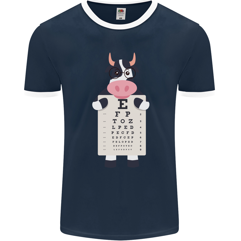 A Cow Holding a Snellen Eye Chart Glasses Mens Ringer T-Shirt FotL Navy Blue/White