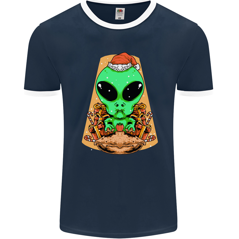 Christmas Alien UFO Santa Space Ship Funny Mens Ringer T-Shirt FotL Navy Blue/White