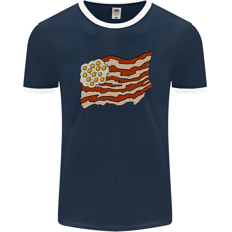 Bacon Egg Stars and Stripes Flag Funny USA Mens Ringer T-Shirt FotL Navy Blue/White